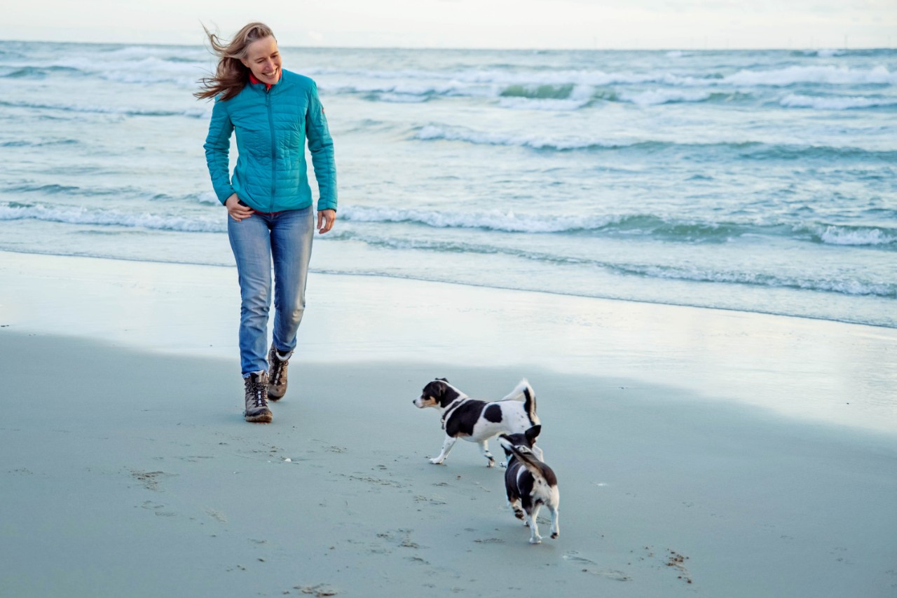 Vrouw wandelt op strand met honden