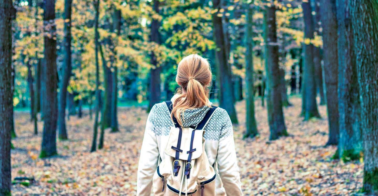 Vrouw wandelt door herfstig bos