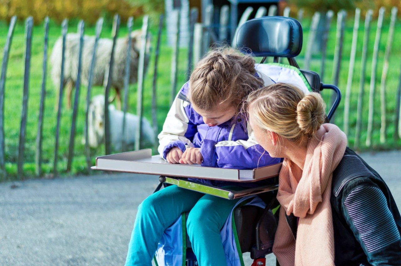 A disabled child in a wheelchair with a carer
